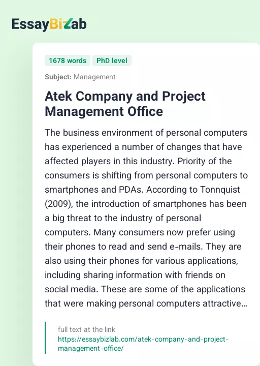 Atek Company and Project Management Office - Essay Preview