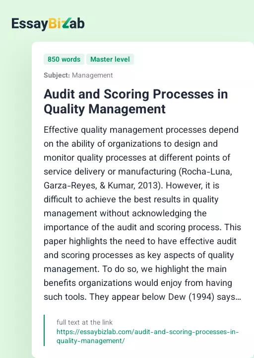 Audit and Scoring Processes in Quality Management - Essay Preview