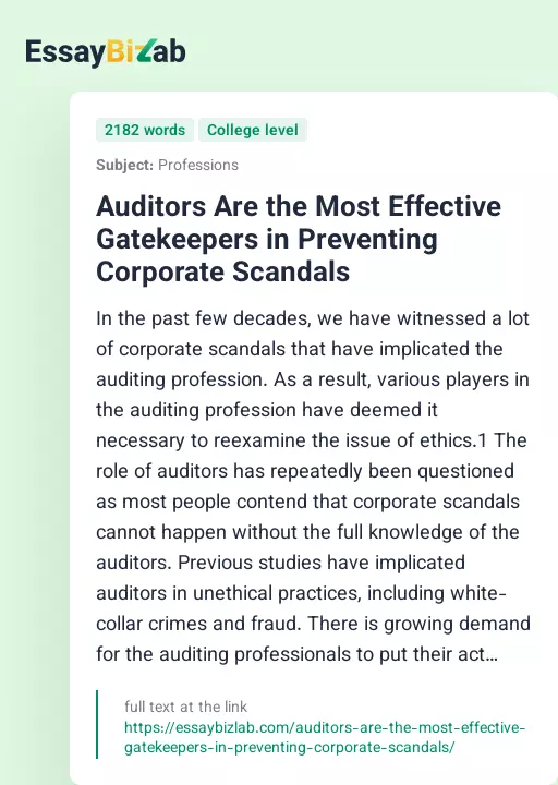 Auditors Are the Most Effective Gatekeepers in Preventing Corporate Scandals - Essay Preview