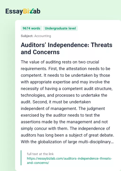 Auditors’ Independence: Threats and Concerns - Essay Preview