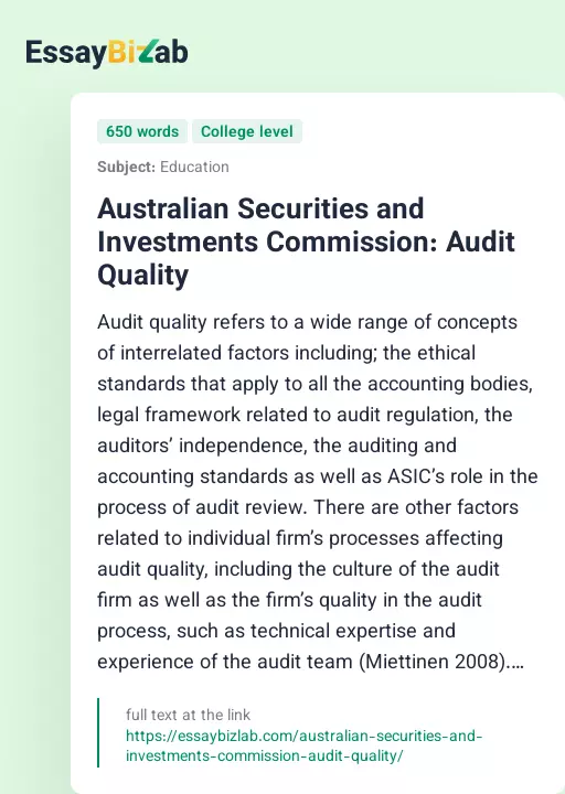 Australian Securities and Investments Commission: Audit Quality - Essay Preview