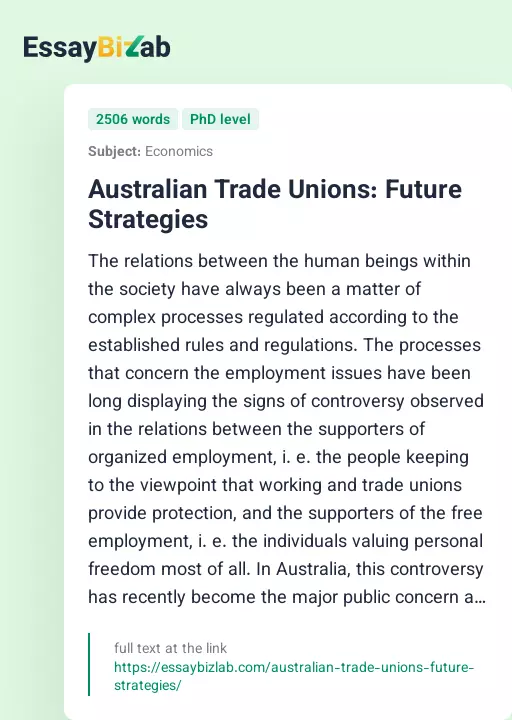 Australian Trade Unions: Future Strategies - Essay Preview