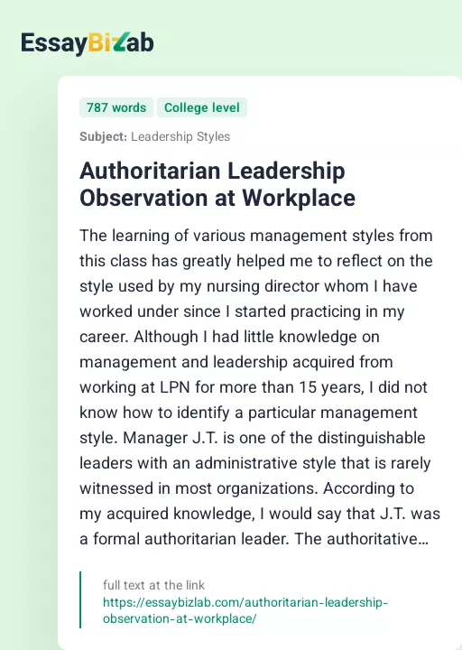 Authoritarian Leadership Observation at Workplace - Essay Preview