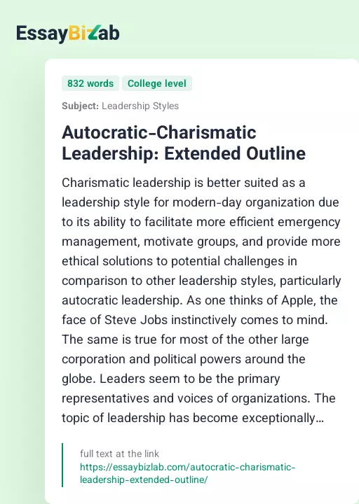 Autocratic-Charismatic Leadership: Extended Outline - Essay Preview