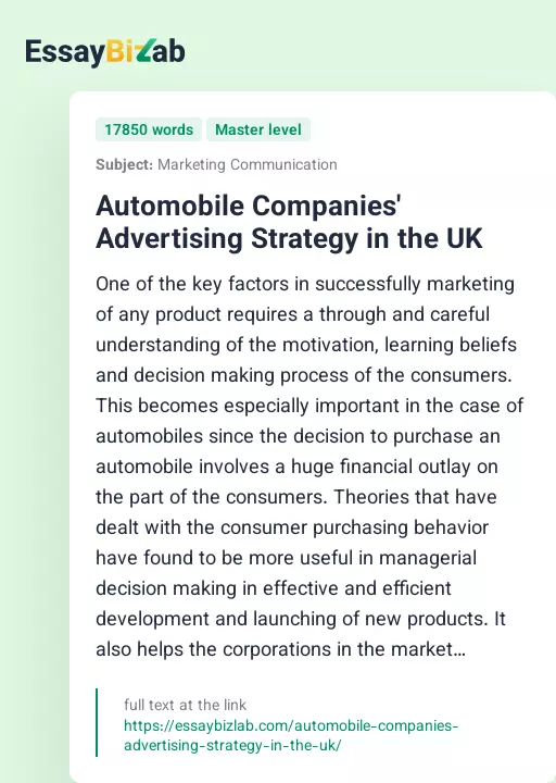 Automobile Companies' Advertising Strategy in the UK - Essay Preview