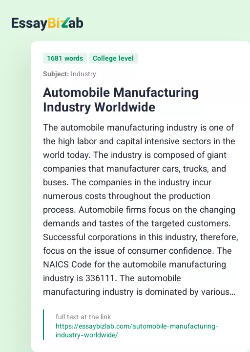 Automobile Manufacturing Industry Worldwide - Essay Preview