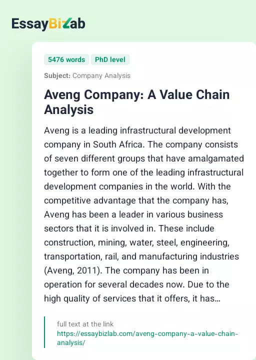 Aveng Company: A Value Chain Analysis - Essay Preview