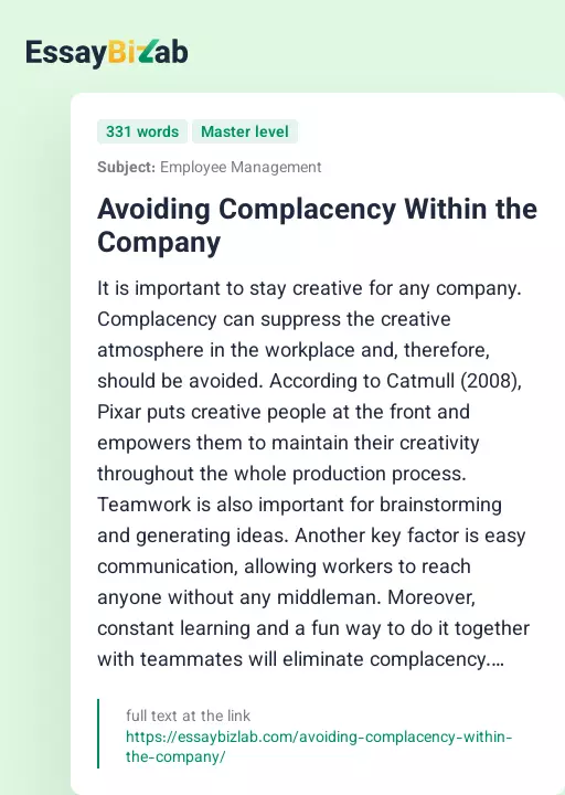 Avoiding Complacency Within the Company - Essay Preview