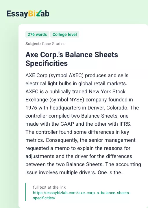 Axe Corp.'s Balance Sheets Specificities - Essay Preview