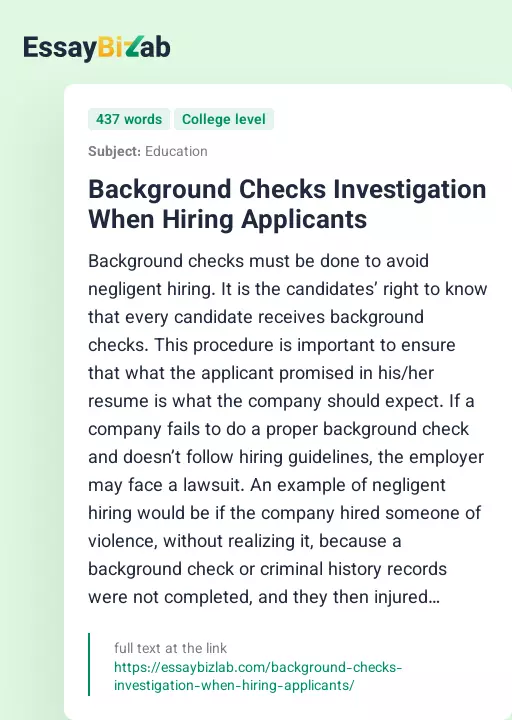 Background Checks Investigation When Hiring Applicants - Essay Preview