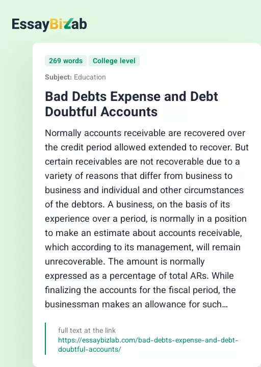 Bad Debts Expense and Debt Doubtful Accounts - Essay Preview