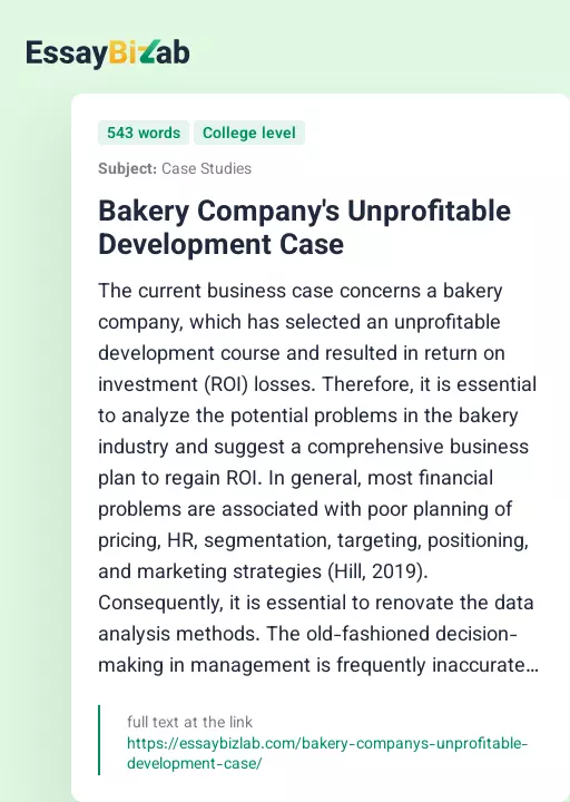 Bakery Company's Unprofitable Development Case - Essay Preview