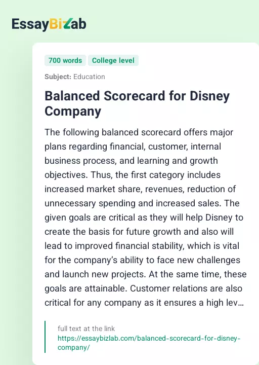 Balanced Scorecard for Disney Company - Essay Preview