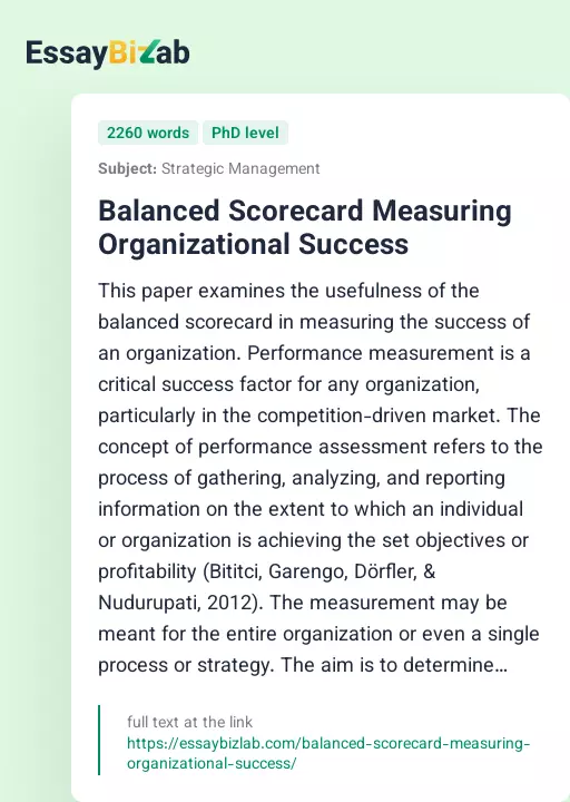 Balanced Scorecard Measuring Organizational Success - Essay Preview