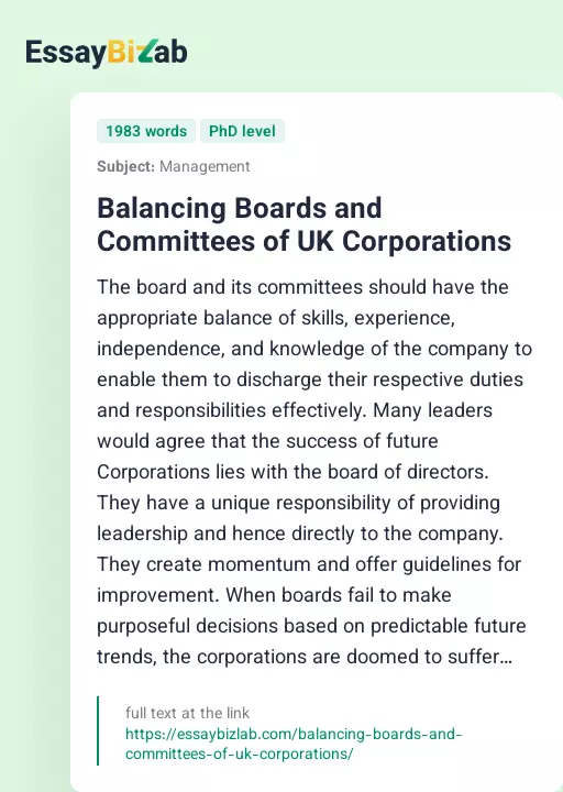 Balancing Boards and Committees of UK Corporations - Essay Preview