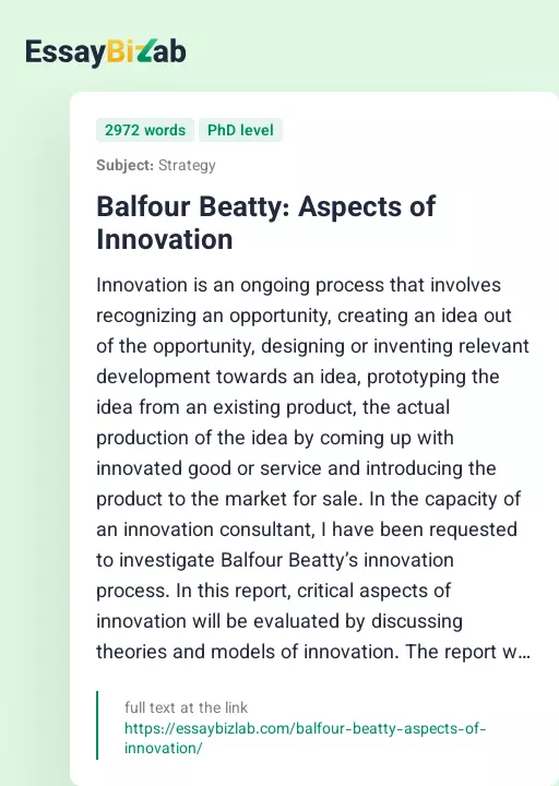 Balfour Beatty: Aspects of Innovation - Essay Preview