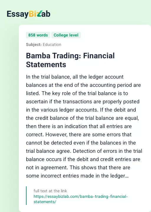 Bamba Trading: Financial Statements - Essay Preview