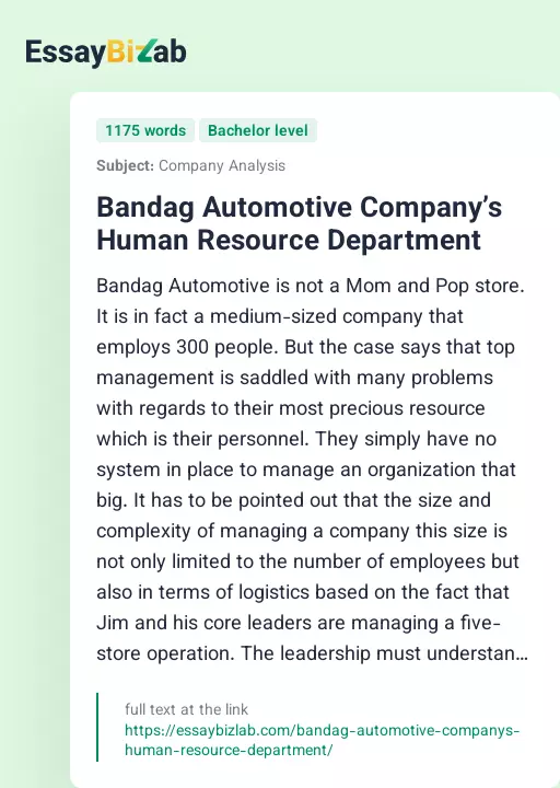 Bandag Automotive Company’s Human Resource Department - Essay Preview