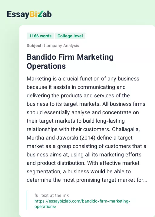 Bandido Firm Marketing Operations - Essay Preview