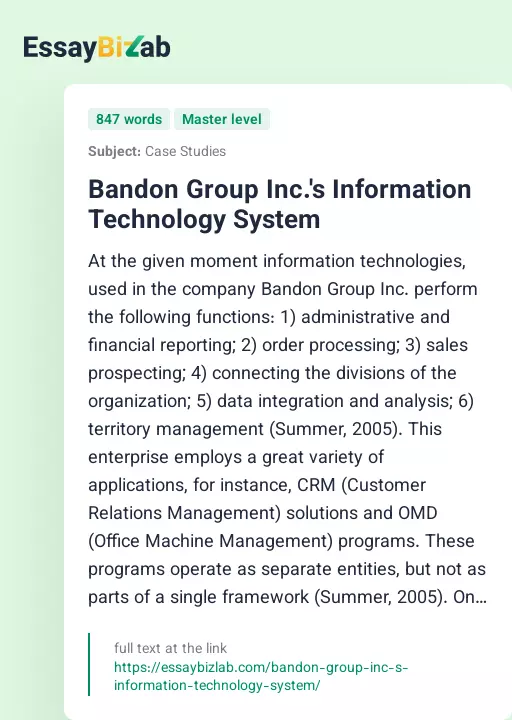Bandon Group Inc.'s Information Technology System - Essay Preview