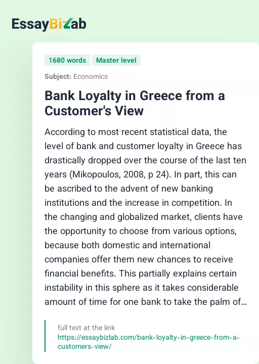 Bank Loyalty in Greece from a Customer's View - Essay Preview