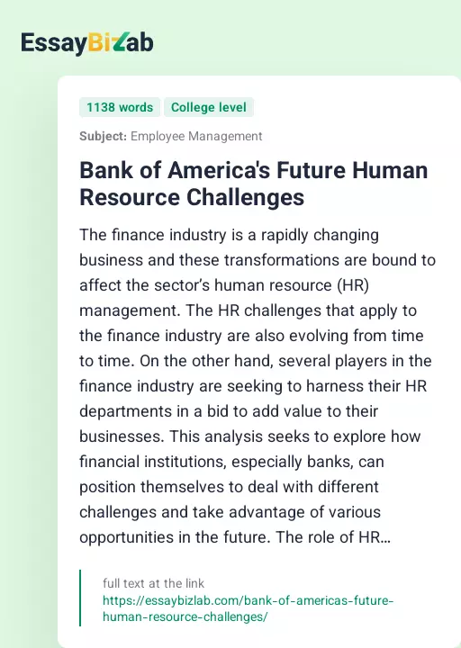 Bank of America's Future Human Resource Challenges - Essay Preview