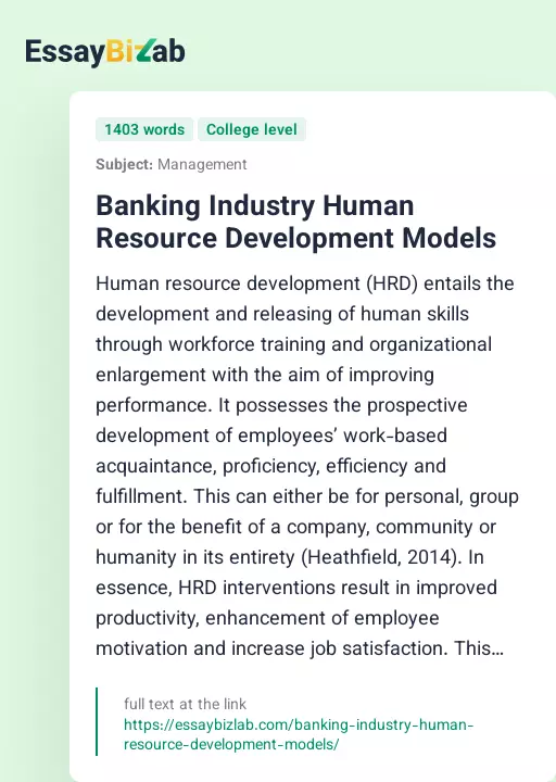 Banking Industry Human Resource Development Models - Essay Preview