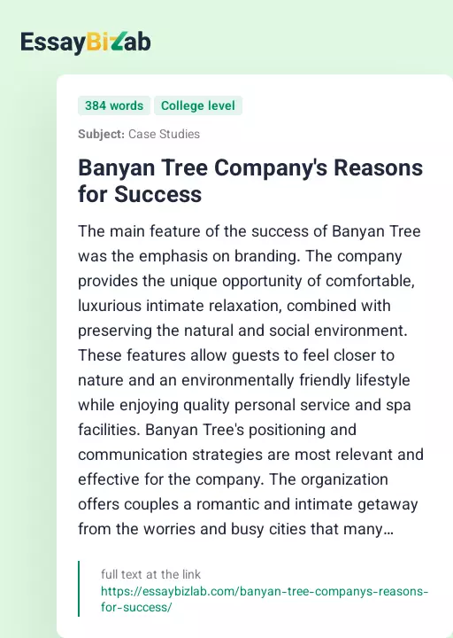 Banyan Tree Company's Reasons for Success - Essay Preview
