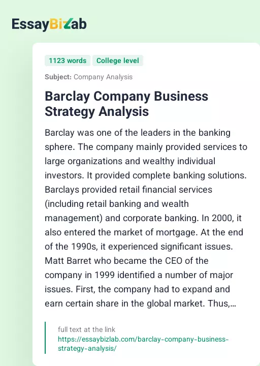 Barclay Company Business Strategy Analysis - Essay Preview