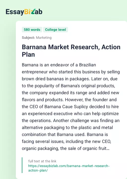 Barnana Market Research, Action Plan - Essay Preview