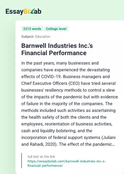 Barnwell Industries Inc.'s Financial Performance - Essay Preview