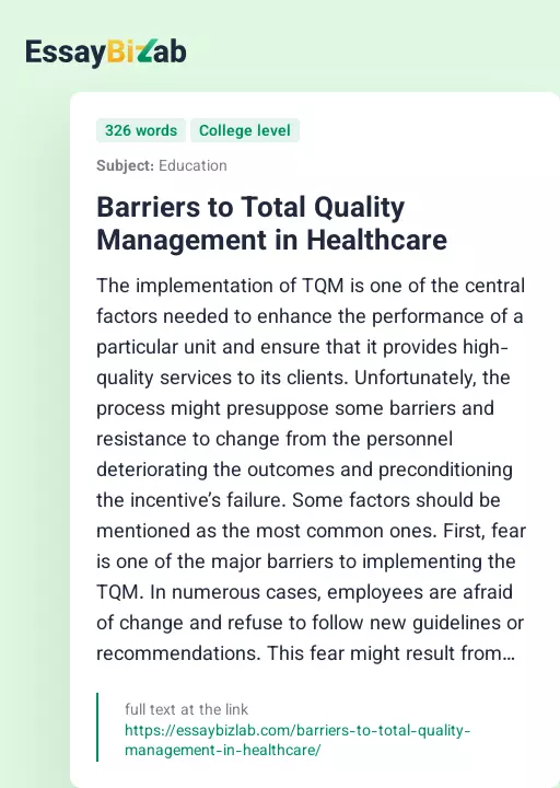 Barriers to Total Quality Management in Healthcare - Essay Preview