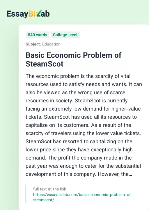 Basic Economic Problem of SteamScot - Essay Preview