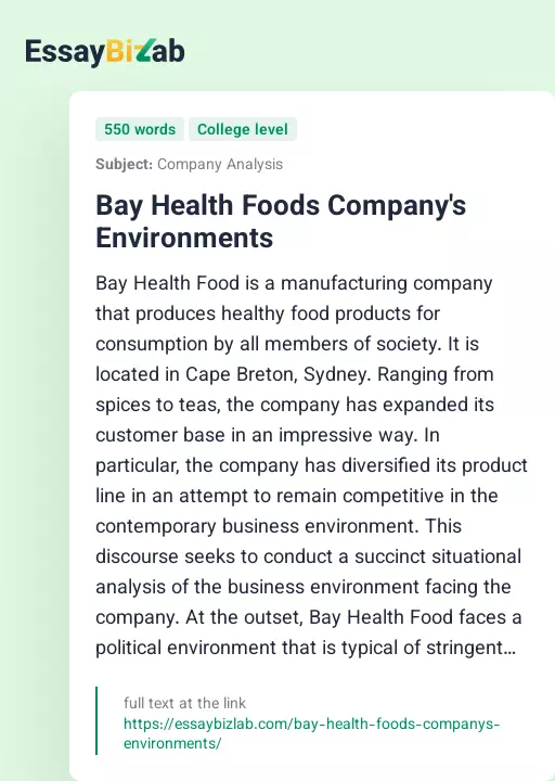 Bay Health Foods Company's Environments - Essay Preview