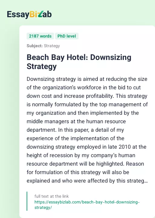 Beach Bay Hotel: Downsizing Strategy - Essay Preview