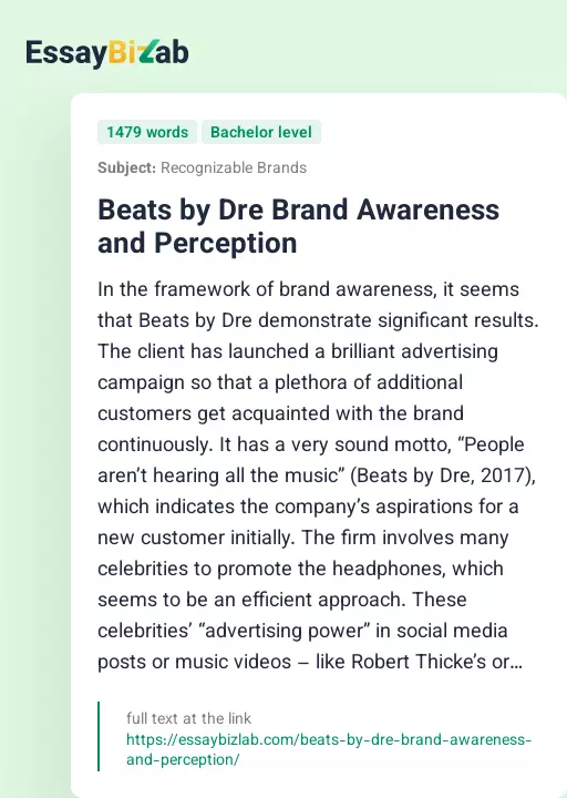 Beats by Dre Brand Awareness and Perception - Essay Preview