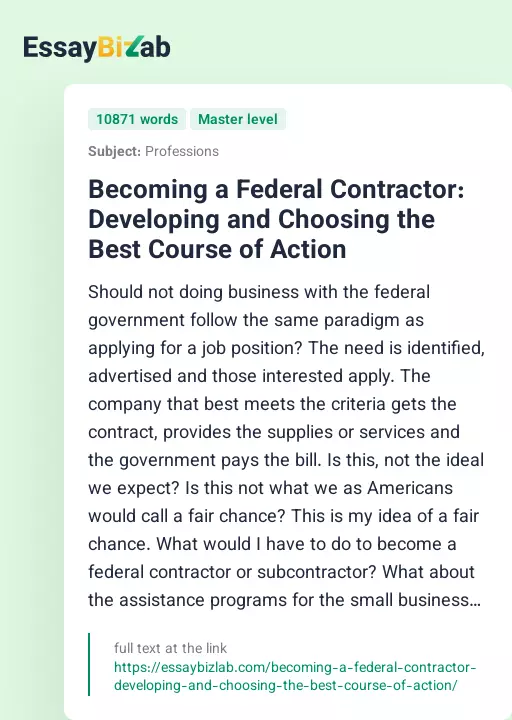 Becoming a Federal Contractor: Developing and Choosing the Best Course of Action - Essay Preview