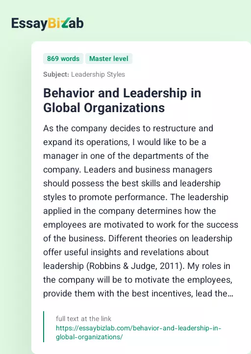 Behavior and Leadership in Global Organizations - Essay Preview