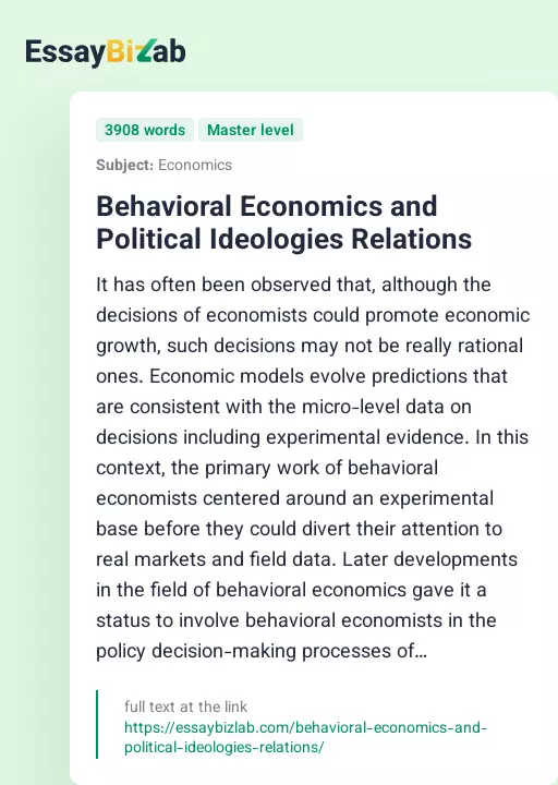 Behavioral Economics and Political Ideologies Relations - Essay Preview