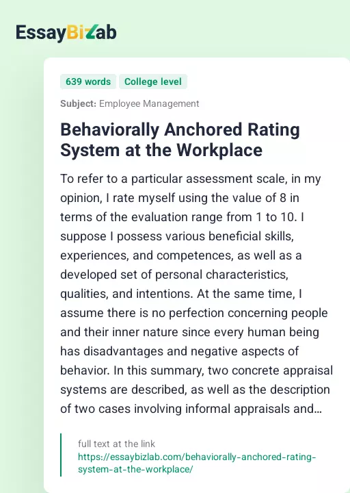 Behaviorally Anchored Rating System at the Workplace - Essay Preview
