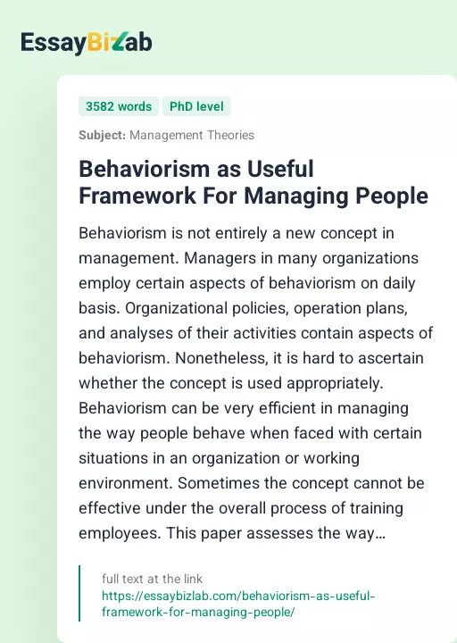 Behaviorism as Useful Framework For Managing People - Essay Preview