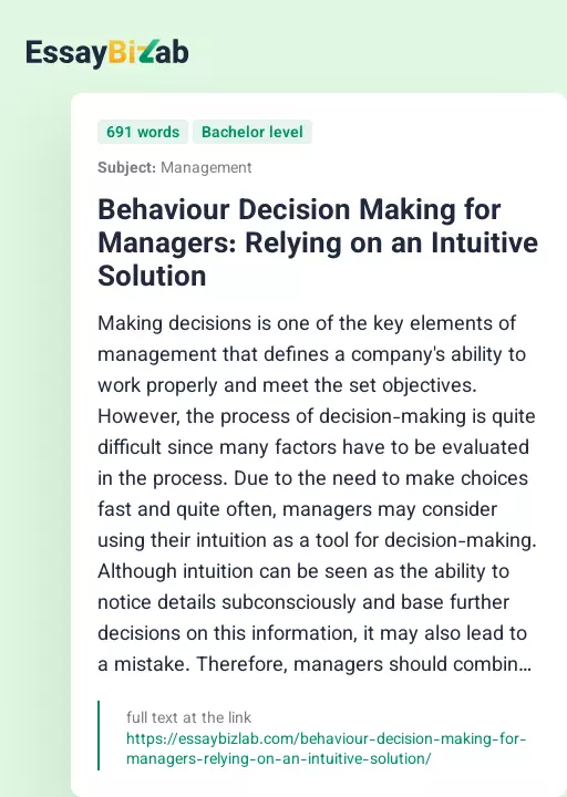 Behaviour Decision Making for Managers: Relying on an Intuitive Solution - Essay Preview