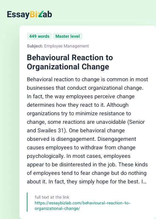 Behavioural Reaction to Organizational Change - Essay Preview