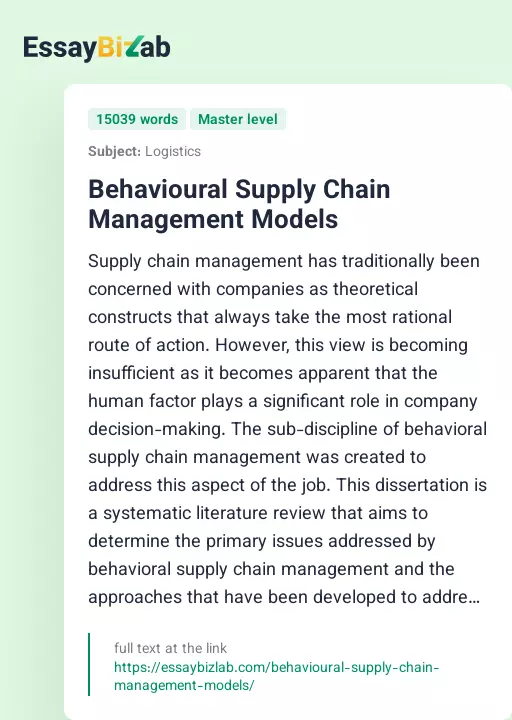 Behavioural Supply Chain Management Models - Essay Preview