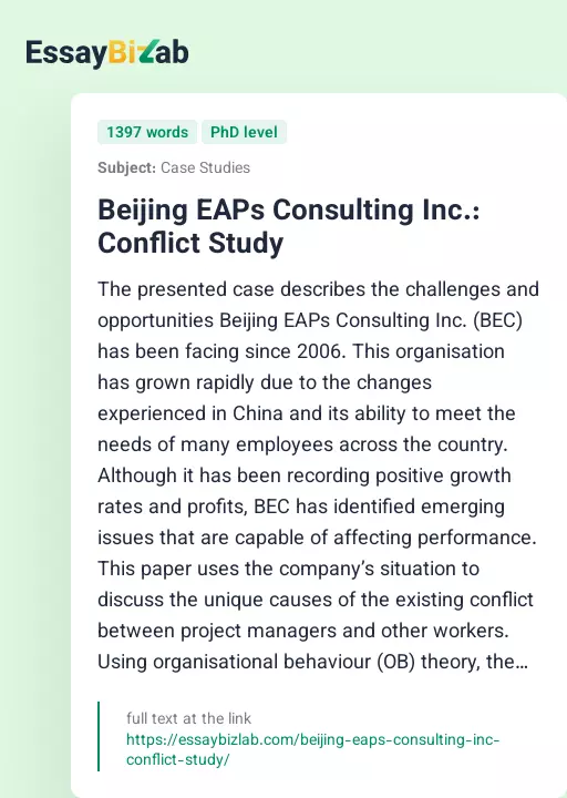 Beijing EAPs Consulting Inc.: Conflict Study - Essay Preview