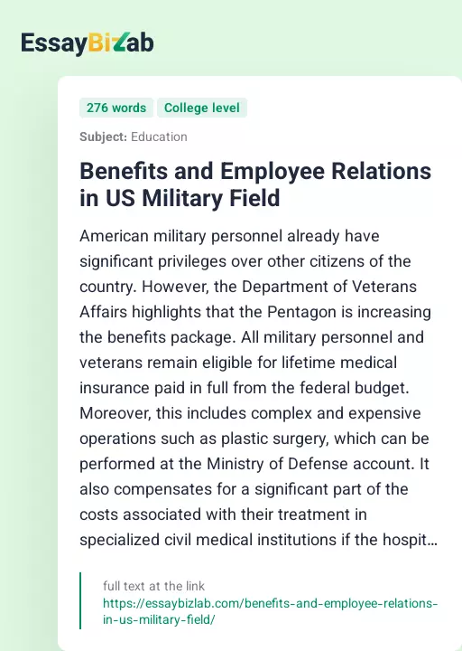 Benefits and Employee Relations in US Military Field - Essay Preview