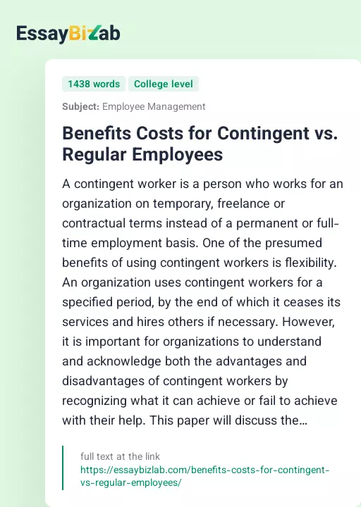 Benefits Costs for Contingent vs. Regular Employees - Essay Preview