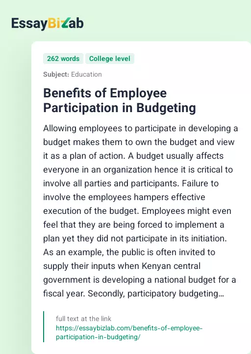 Benefits of Employee Participation in Budgeting - Essay Preview