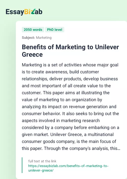 Benefits of Marketing to Unilever Greece - Essay Preview