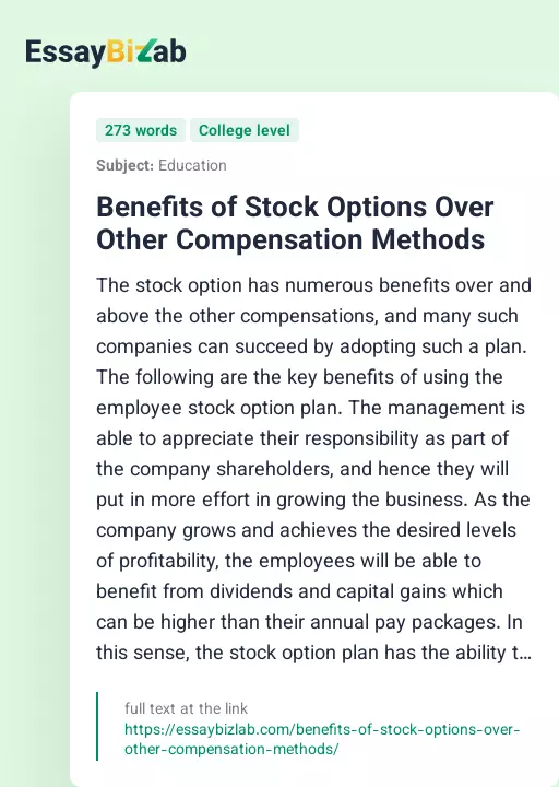 Benefits of Stock Options Over Other Compensation Methods - Essay Preview